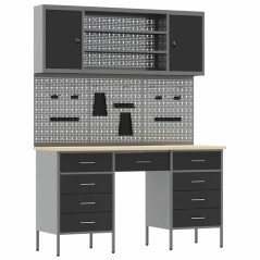 Set di 7 Pezzi di Armadietto da Lavoro e Pannello Forato Nero in MDF e Metallo