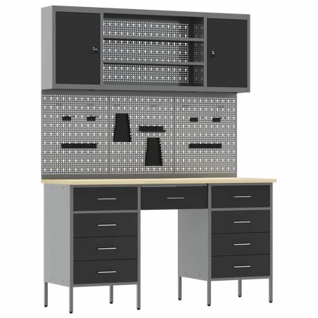 Set di 7 Pezzi di Armadietto da Lavoro e Pannello Forato Nero in MDF e Metallo