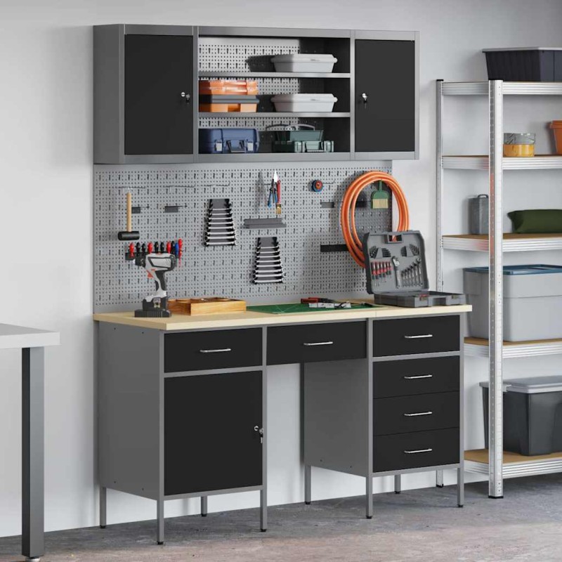 Set di armadi e pannelli a gancetto da 7 pezzi vidaXL neri in MDF e metallo Set di armadi e pannelli a gancetto da 7 pezzi vidaXL neri in MDF e metallo