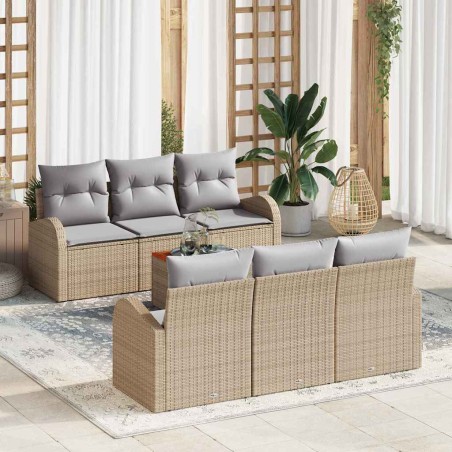 vidaXL Set Divano da Giardino di 7 Pezzi in Poly Rattan Beige con Cuscini in Acacia.