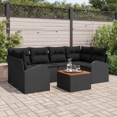 vidaXL Set Divano da Giardino 7 Pezzi con Cuscini Nero Polyrattan Acacia
