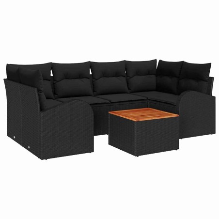 vidaXL Set Divano da Giardino 7 Pezzi con Cuscini Nero Polyrattan Acacia