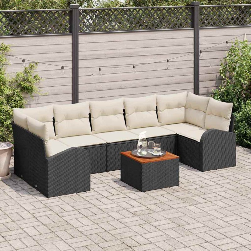 vidaXL Set da giardino di 8 pezzi con cuscini neri in rattan polyrattan e acacia