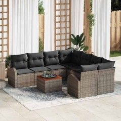 vidaXL Set di divani da giardino 9 pezzi con cuscini grigi in rattan e tavolino in acacia