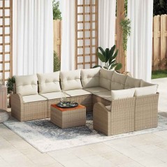 vidaXL Set divano da giardino 9 pezzi con cuscini beige in polyrattan e acacia