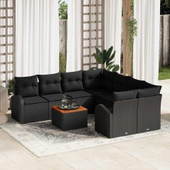vidaXL Set di divani da giardino 9 pezzi con cuscini neri in polirattan e acacia