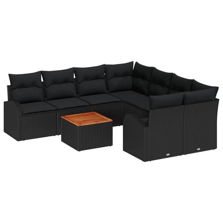 vidaXL Set di divani da giardino 9 pezzi con cuscini neri in polirattan e acacia