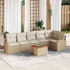 vidaXL Set di divani da giardino 7 pezzi con cuscini beige in polirattan e legno di acacia.