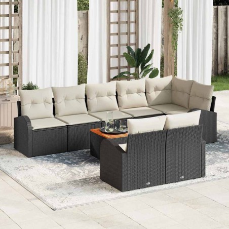 vidaXL Set di divani da giardino in 9 pezzi con cuscini in rattan nero e legno di acacia.