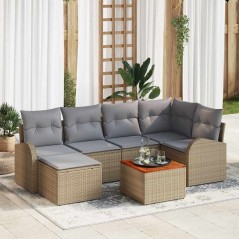 vidaXL Set di divani da giardino 7 pezzi con cuscini beige in rattan sintetico e tavolino in acacia