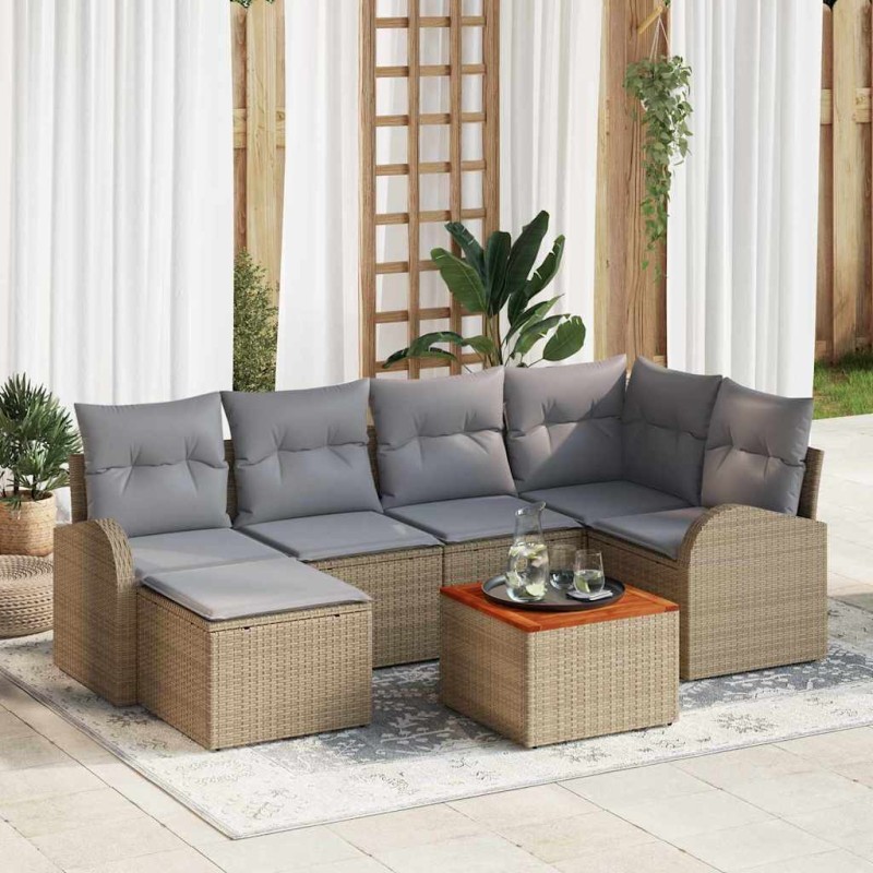 vidaXL Set di divani da giardino 7 pezzi con cuscini beige in rattan sintetico e tavolino in acacia