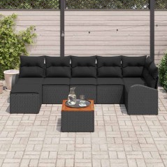 vidaXL Set Divano da Giardino 8 Pezzi con Cuscini Neri in Poly Rattan e Acacia.