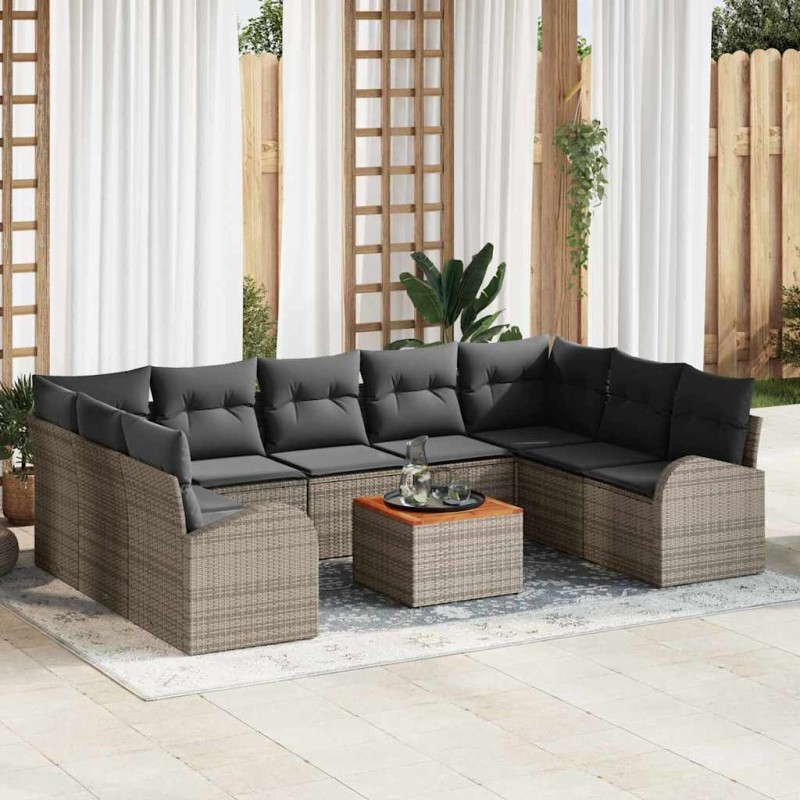 vidaXL Set Divano da Giardino in 10 Pezzi con Cuscini Grigi in Rattan Sintetico e Acacia.