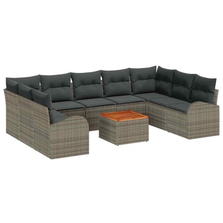 vidaXL Set Divano da Giardino in 10 Pezzi con Cuscini Grigi in Rattan Sintetico e Acacia.
