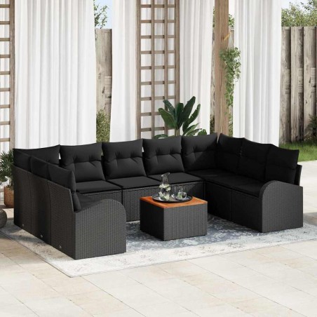 vidaXL Set da Giardino 10 Pezzi con Cuscini in Rattan Polirattan Nero e Acacia