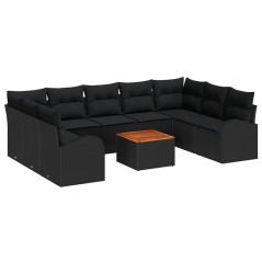 vidaXL Set da Giardino 10 Pezzi con Cuscini in Rattan Polirattan Nero e Acacia