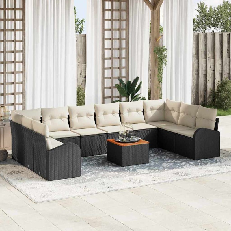 vidaXL Set da giardino di 11 pezzi con cuscini in polyrattan nero e acacia
