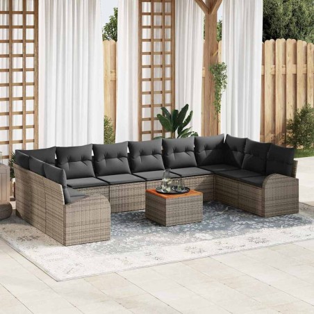 vidaXL Set Divani da Giardino 11 Pezzi con Cuscini Grigi in Rattan Sintetico e Legno di Acacia