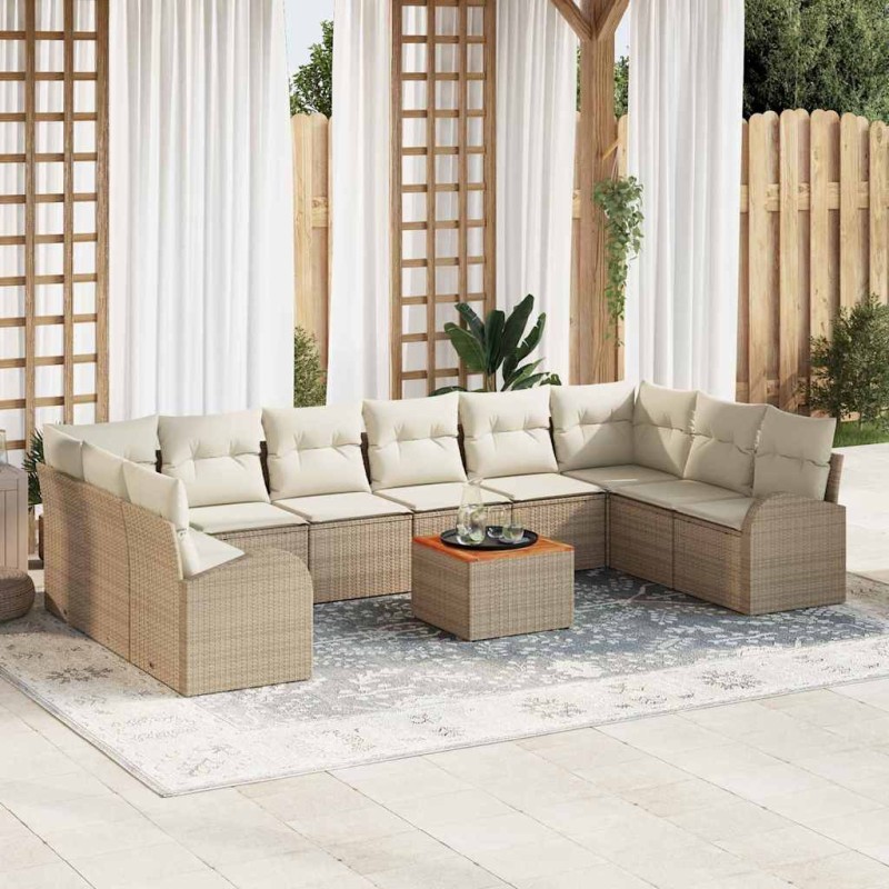 vidaXL Set divano da giardino di 11 pezzi con cuscini beige in rattan sintetico e legno di acacia