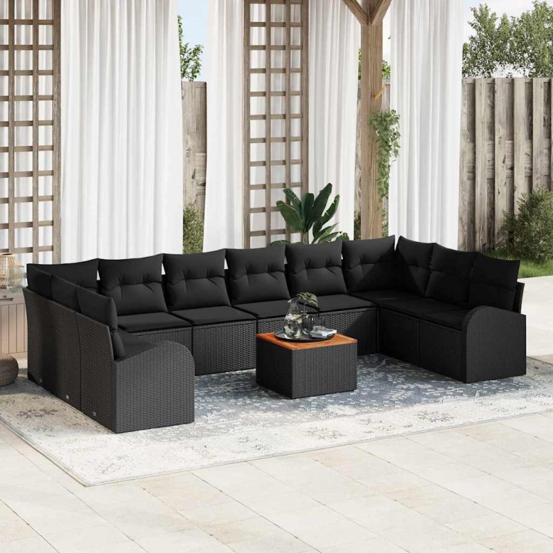 vidaXL Set da Giardino 11 Pezzi con Cuscini in Rattan Nero e Acacia