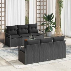 vidaXL Set di divani da giardino da 7 pezzi con cuscini in polirattan nero e acacia.