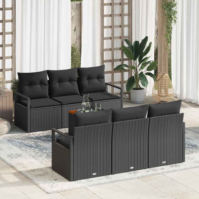 vidaXL Set di divani da giardino da 7 pezzi con cuscini in polirattan nero e acacia.