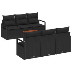 vidaXL Set di divani da giardino da 7 pezzi con cuscini in polirattan nero e acacia.