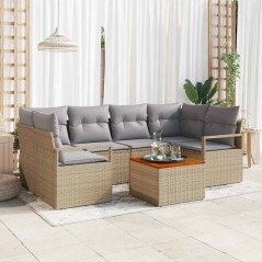vidaXL Set di divani da giardino da 7 pezzi con cuscini beige in polirattan e acacia
