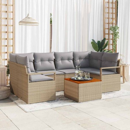 vidaXL Set di divani da giardino da 7 pezzi con cuscini beige in polirattan e acacia