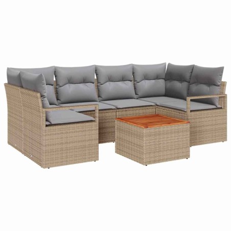vidaXL Set di divani da giardino da 7 pezzi con cuscini beige in polirattan e acacia