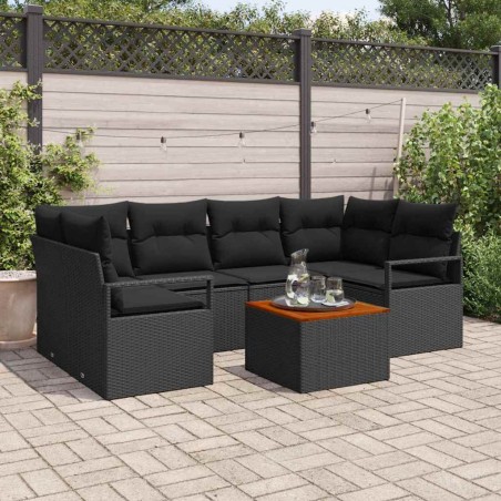 vidaXL Set da giardino 7 pezzi con cuscini in polirattan nero e legno di acacia