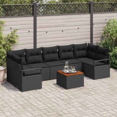 vidaXL Set da Giardino con 8 pezzi e cuscini neri in rattan polyrattan e acacia