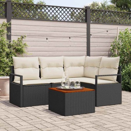 vidaXL Set di divani da giardino in polirattan e legno di acacia, 5 pezzi con cuscini neri