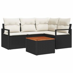 vidaXL Set di divani da giardino in polirattan e legno di acacia, 5 pezzi con cuscini neri
