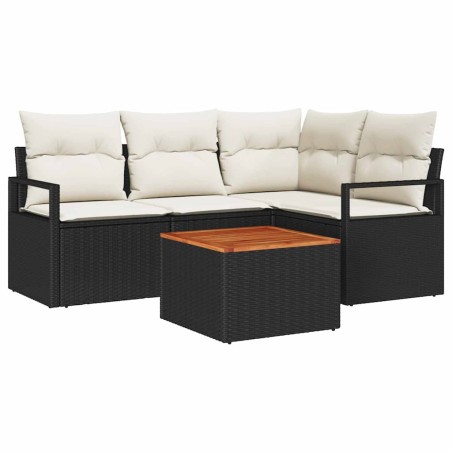 vidaXL Set di divani da giardino in polirattan e legno di acacia, 5 pezzi con cuscini neri