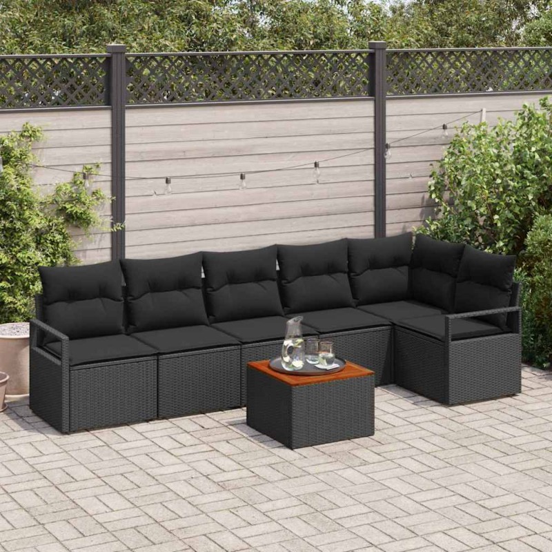 vidaXL Set divano da giardino 7 pezzi con cuscini in poly rattan neri e acacia
