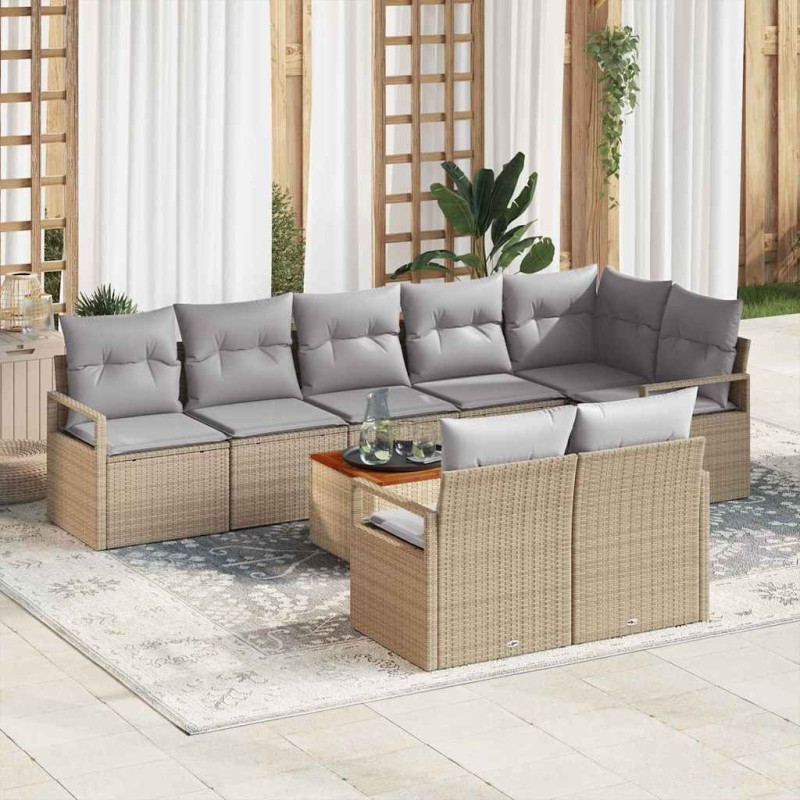 vidaXL Set Giardino 9 Pezzi di con Cuscini Beige in Rattan Sintetico e Tavolino in Acacia
