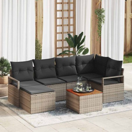 vidaXL Set di 7 Pezzi di Divani da Giardino con Cuscini Grigio in Rattan Sintetico e Acacia