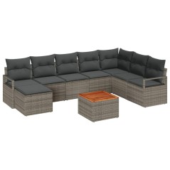 vidaXL Set di Divani da Giardino a 9 Pezzi in Rattan Sintetico con Cuscini Grigi e Struttura in Acacia