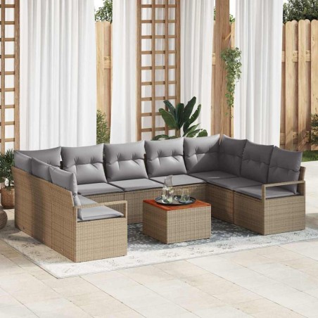 vidaXL Set di divani da giardino da 10 pezzi con cuscini beige in poly rattan e acacia