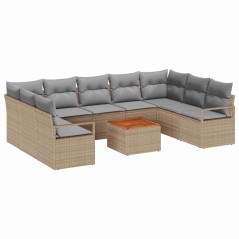 vidaXL Set di divani da giardino da 10 pezzi con cuscini beige in poly rattan e acacia