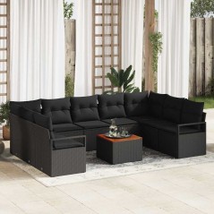 vidaXL Set da giardino in 10 pezzi con cuscini in rattan nero e legno di acacia