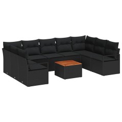 vidaXL Set da giardino in 10 pezzi con cuscini in rattan nero e legno di acacia