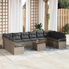 vidaXL Set di divano da giardino da 11 pezzi con cuscini grigi in rattan sintetico e acacia.
