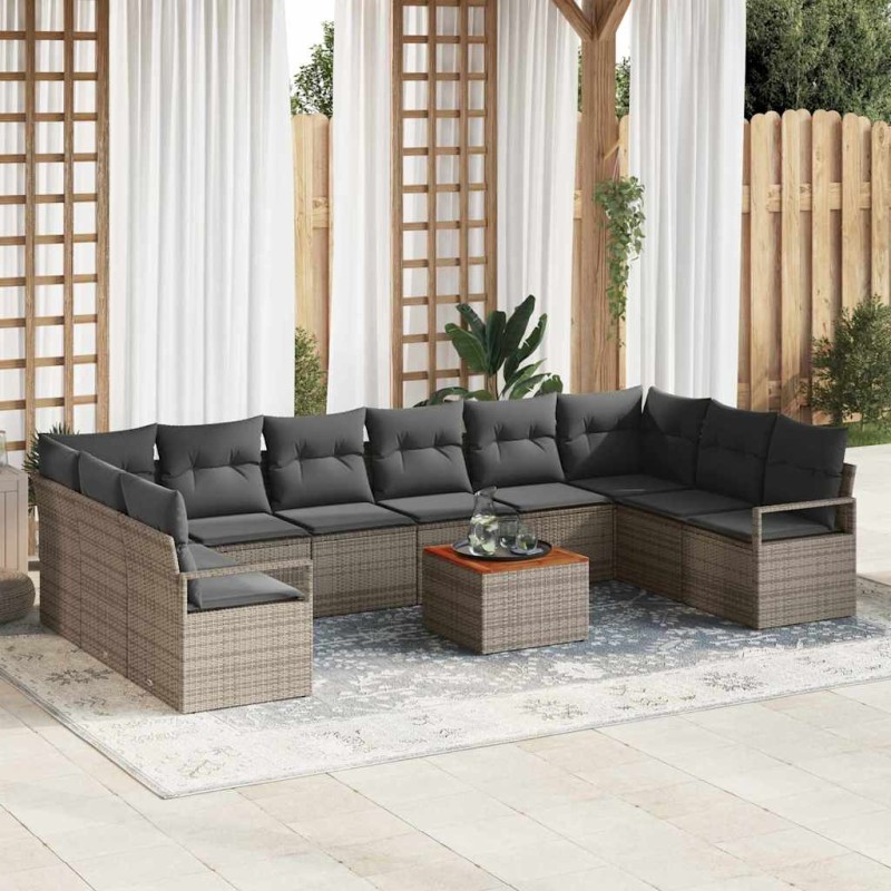 vidaXL Set di divano da giardino da 11 pezzi con cuscini grigi in rattan sintetico e acacia. vidaXL Set di divano da giardino da 11 pezzi con cuscini grigi in rattan sintetico e acacia.