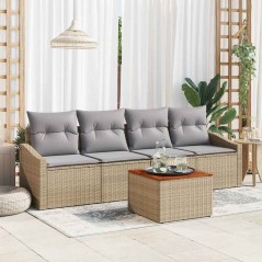 vidaXL Set di divani da giardino in 5 pezzi con cuscini beige in rattan sintetico e acacia.