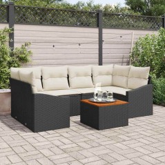 vidaXL Set di Divani da Giardino 7 Pezzi con Cuscini Neri in Rattan e Legno di Acacia.