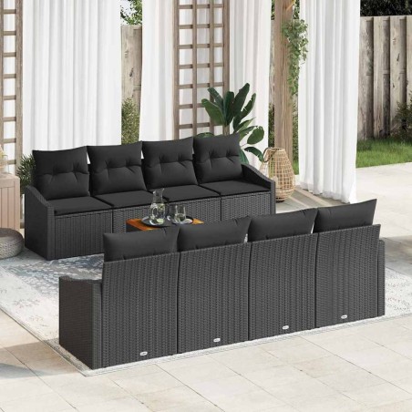 vidaXL Set di divani da giardino 9 pezzi con cuscini in polirattan nero e legno di acacia