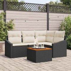 vidaXL Set divano da giardino 5 pezzi con cuscini in poly rattan nero e struttura in acacia