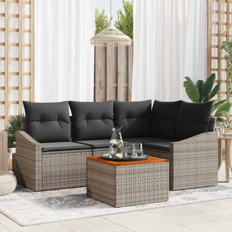 vidaXL Set di Divani da Giardino in 5 Pezzi con Cuscini Grigi in Poly Rattan e Acacia
